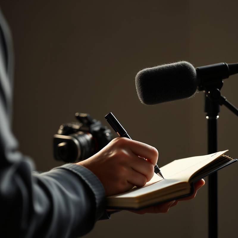 Journalist writing in a notebook with a microphone nearby